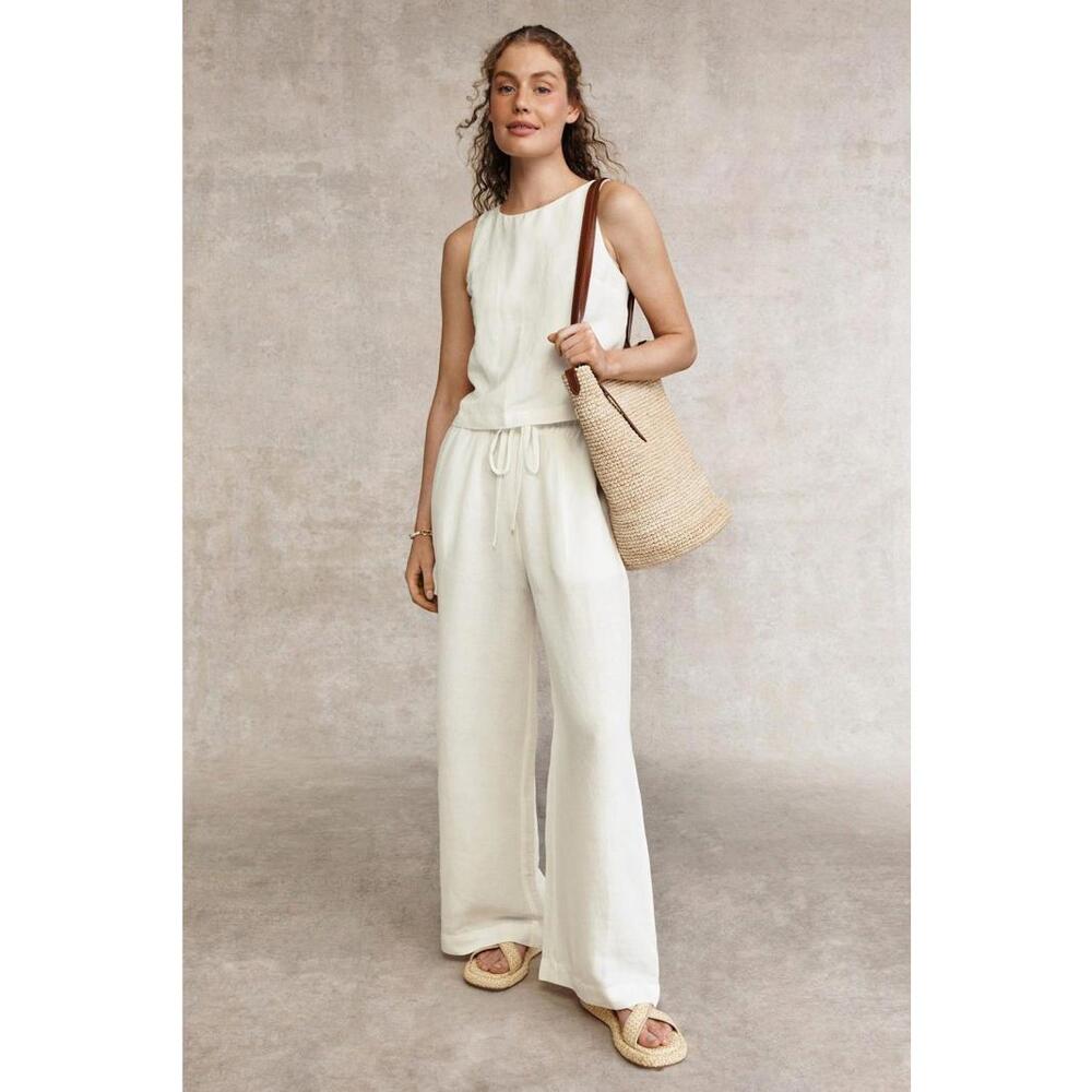 French Connection White Birdie Linen Wide Leg Trouser Size M Fabric pull / stain